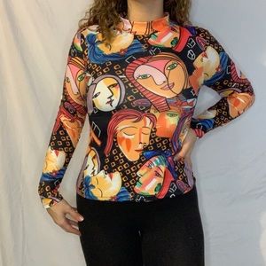 Abstract Face Art Mock Neck Top